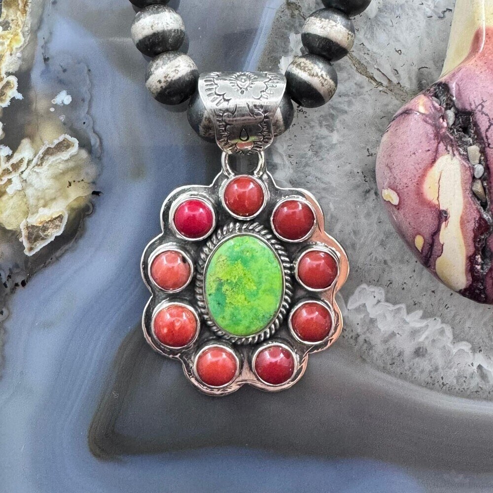 Native American Sterling Green Turquoise W/ Red Coral Cluster Pendant For Women